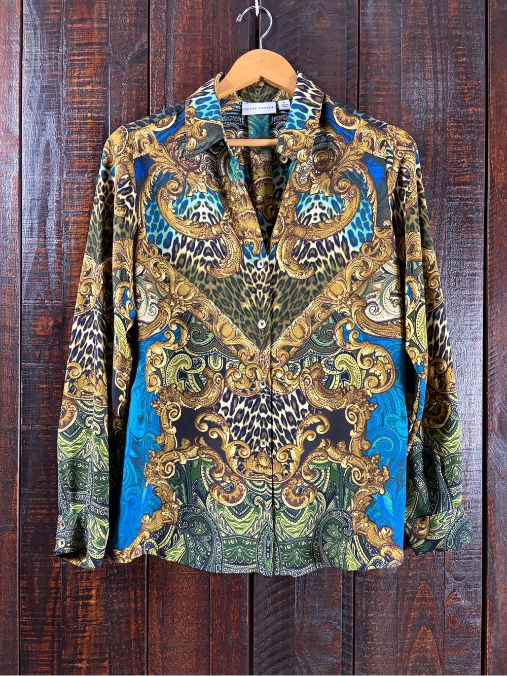 Susan Graver Baroque & Animal Print Button Front Blouse